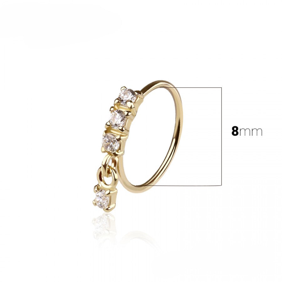 14K Gold Nose Hoop 22 Gauge 8mm with Dangle CZ - photo 2