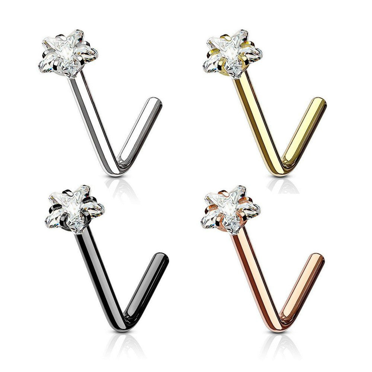 Surgical Steel Nose Ring Stud 20 & 18 Gauge 1/4" L Bend with Star Gem