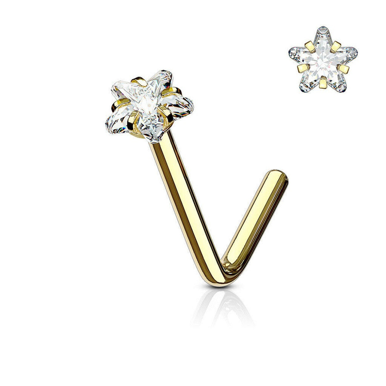 Surgical Steel Nose Ring Stud 20 & 18 Gauge 1/4" L Bend with Star Gem