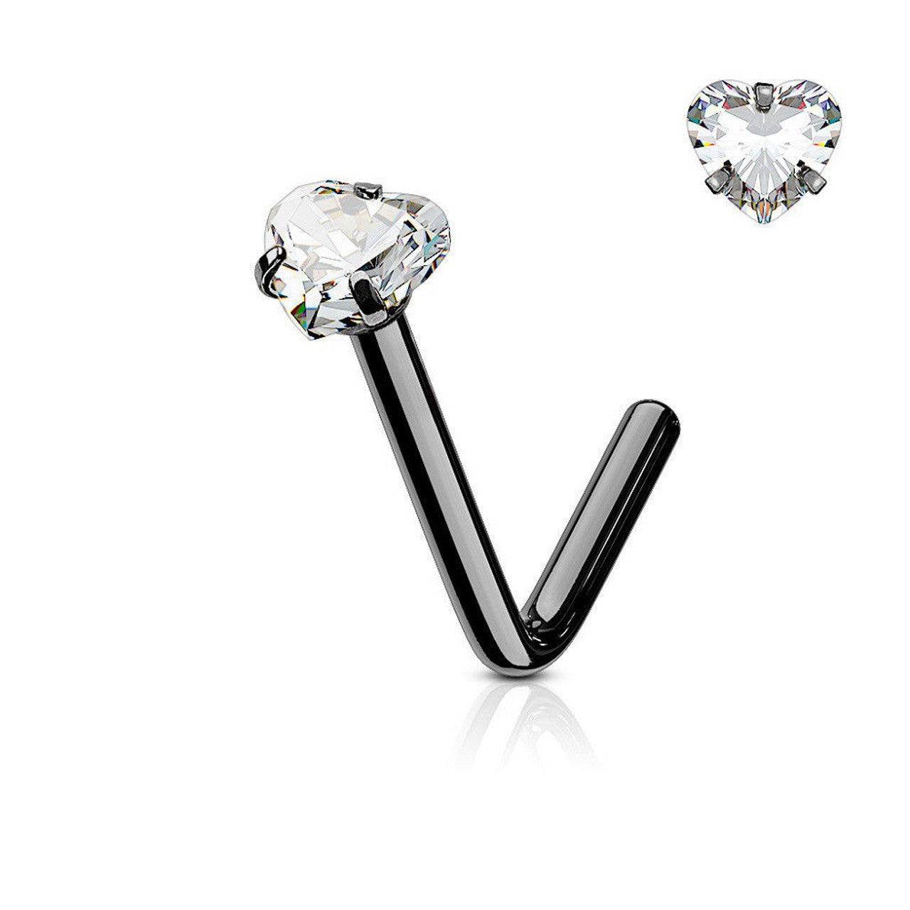 Surgical Steel Nose Ring Stud 20 & 18 Gauge 1/4" L Bend with Heart Gem