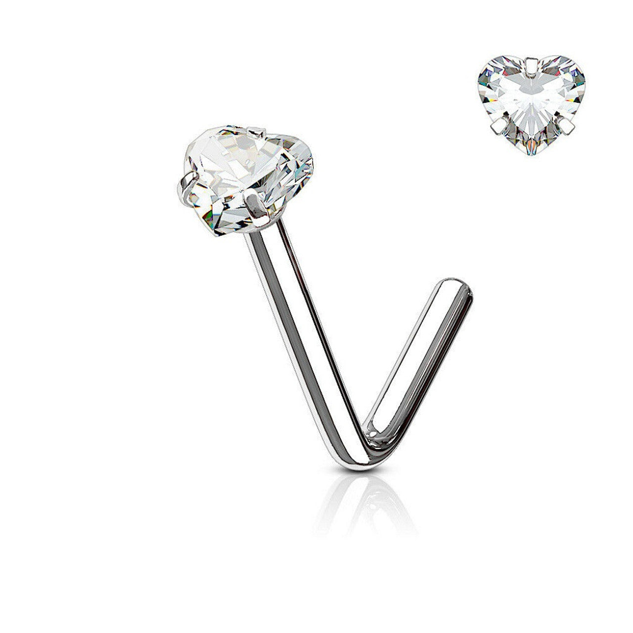 Surgical Steel Nose Ring Stud 20 & 18 Gauge 1/4" L Bend with Heart Gem