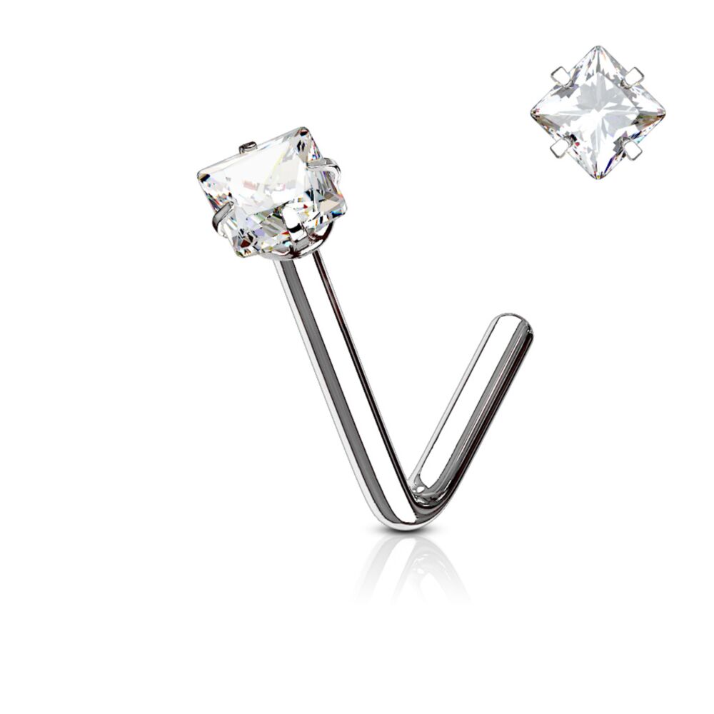 Surgical Steel Nose Ring Stud 20 Gauge 1/4" L Bend with Square CZ Gem