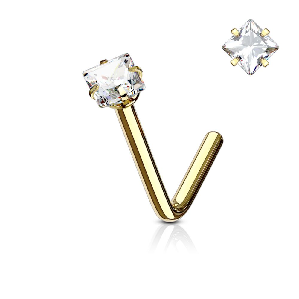 Surgical Steel Nose Ring Stud 20 Gauge 1/4" L Bend with Square CZ Gem