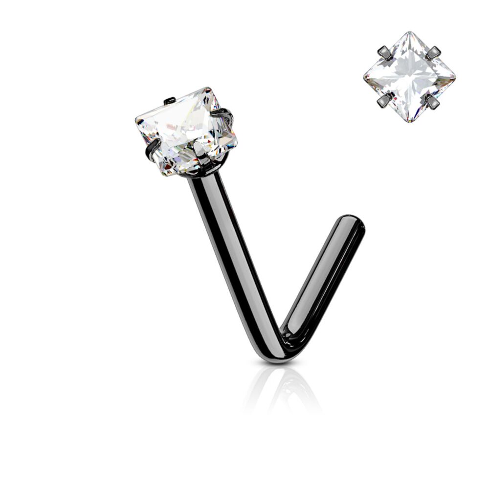 Surgical Steel Nose Ring Stud 20 Gauge 1/4" L Bend with Square CZ Gem