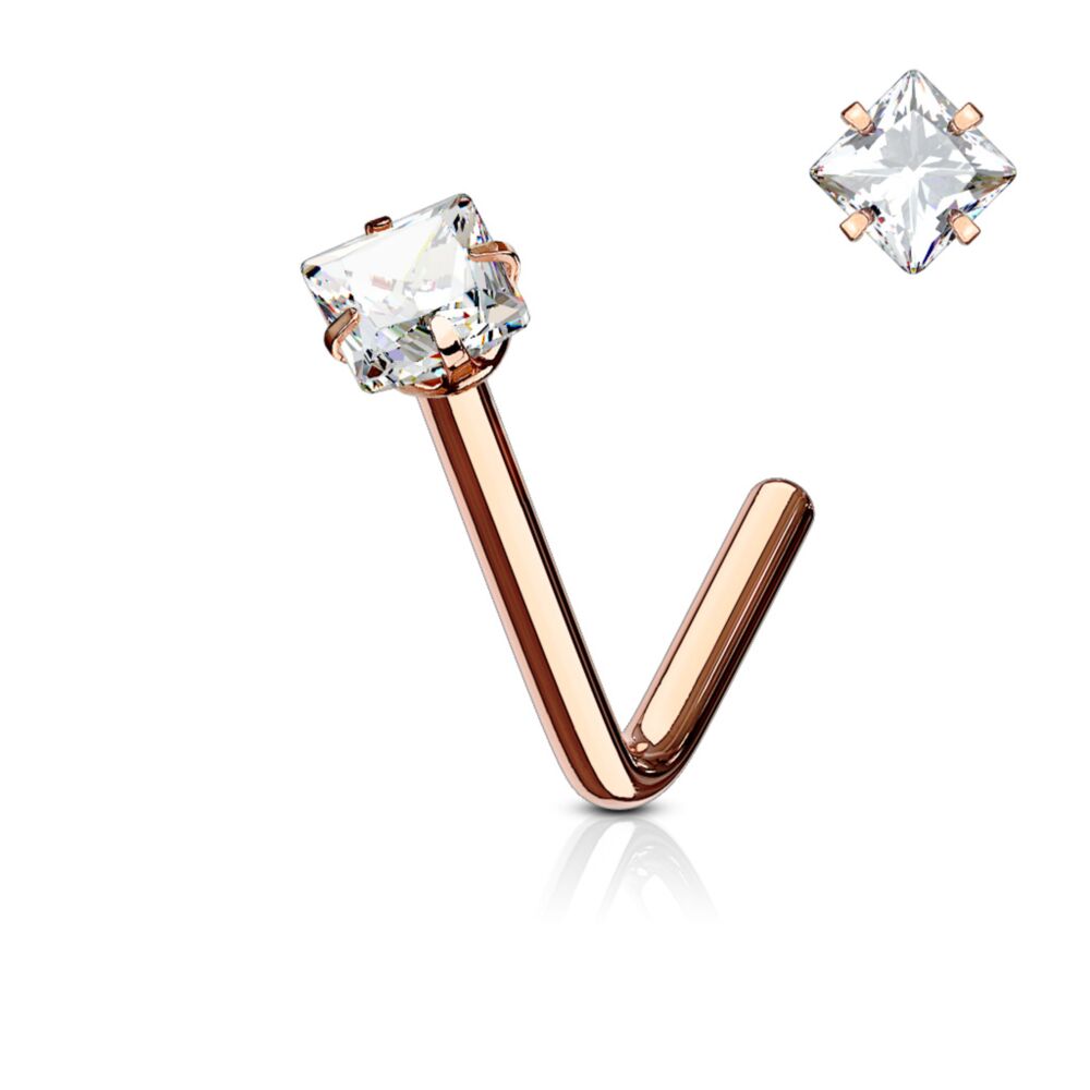 Surgical Steel Nose Ring Stud 20 Gauge 1/4" L Bend with Square CZ Gem