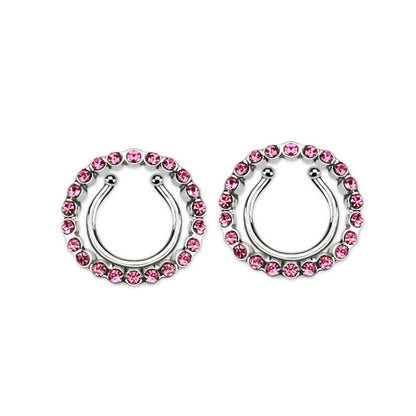 Non-Piercing Clip On Nipple Ring Adjustable With Circle & Gems - Pair