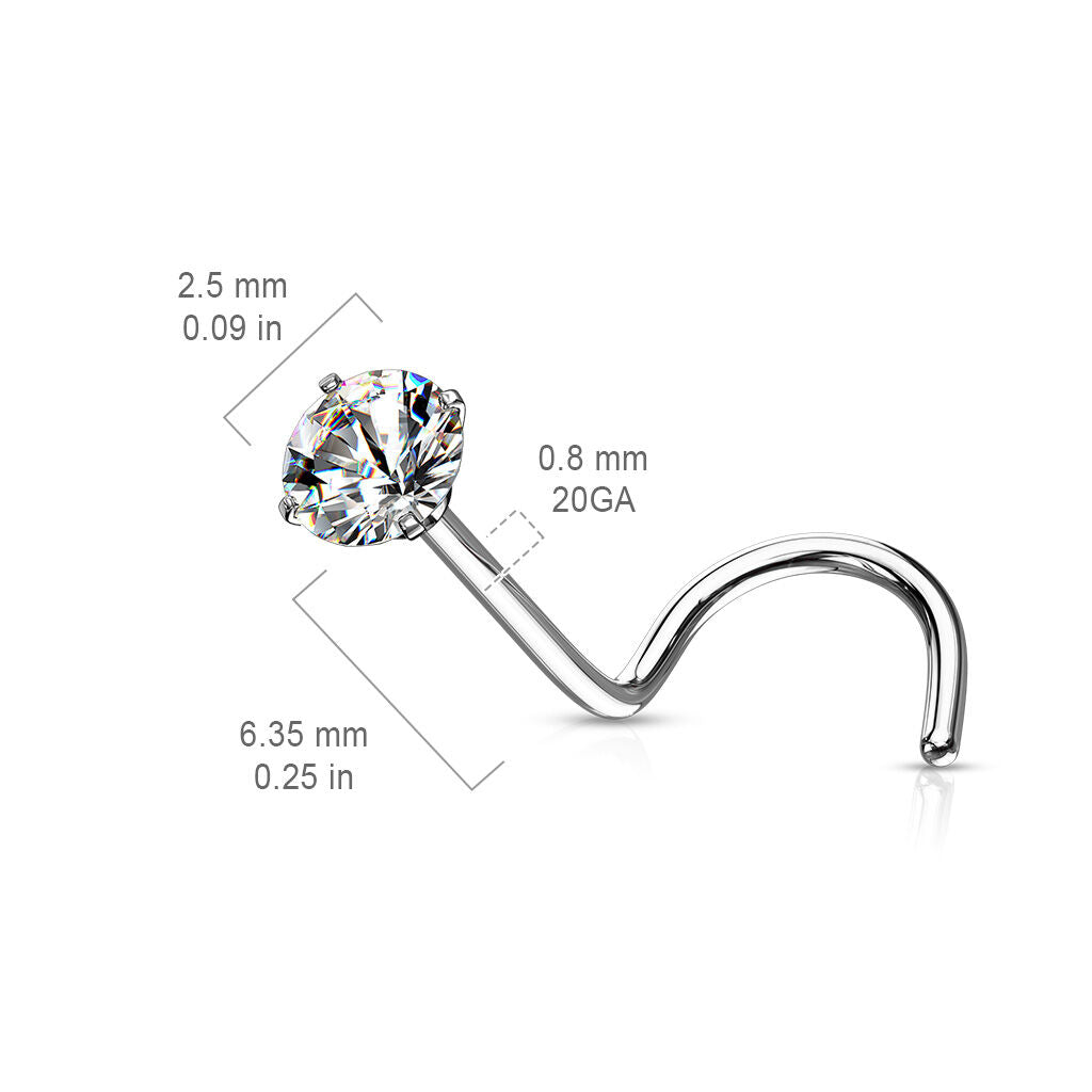 Surgical Steel Nose Ring Screw Stud 20 Gauge 1/4" with Prong Round Gem