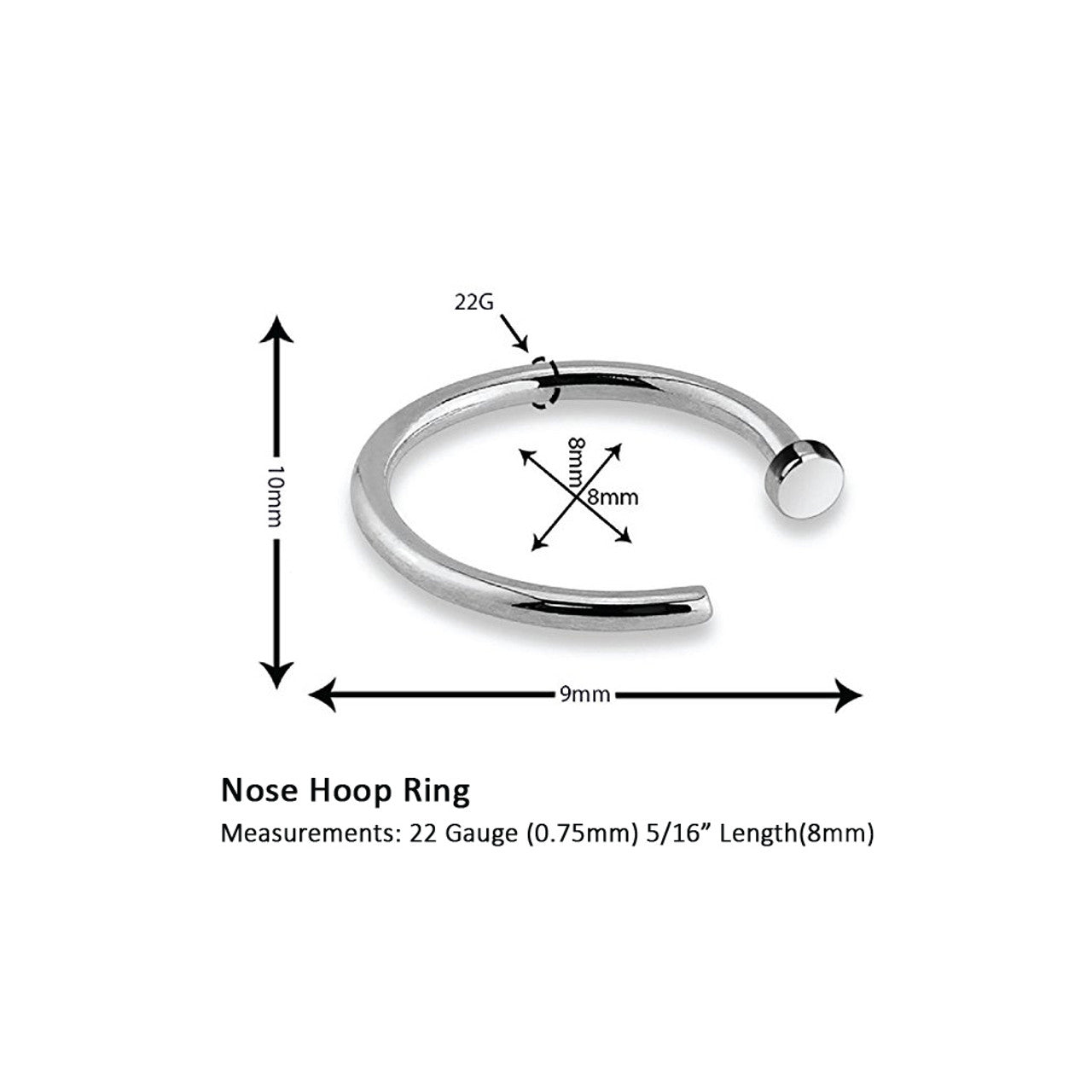 Surgical Steel Nose Ring Hoop 22 Gauge (0.75mm) 5/16" - 7 Colors