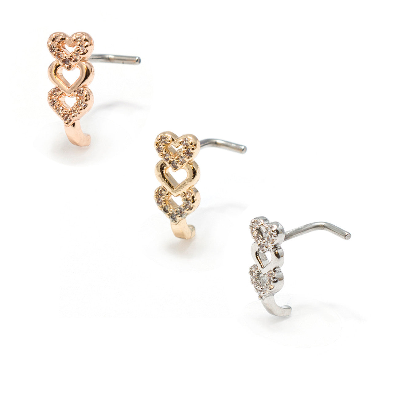 Surgical Steel Nose Ring Stud 20 Gauge 1/4" L Bend & Tripple Heart Gem