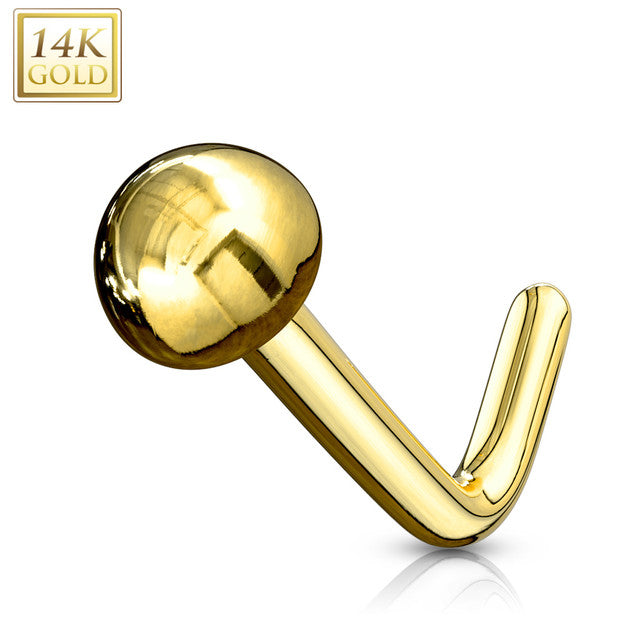 14 Karat Solid Gold Nose Ring Stud 20 Gauge 1/4" L Bend with Dome Top