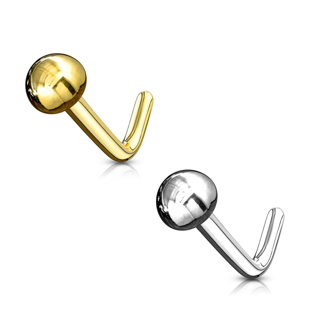 14 Karat Solid Gold Nose Ring Stud 20 Gauge 1/4" L Bend with Dome Top