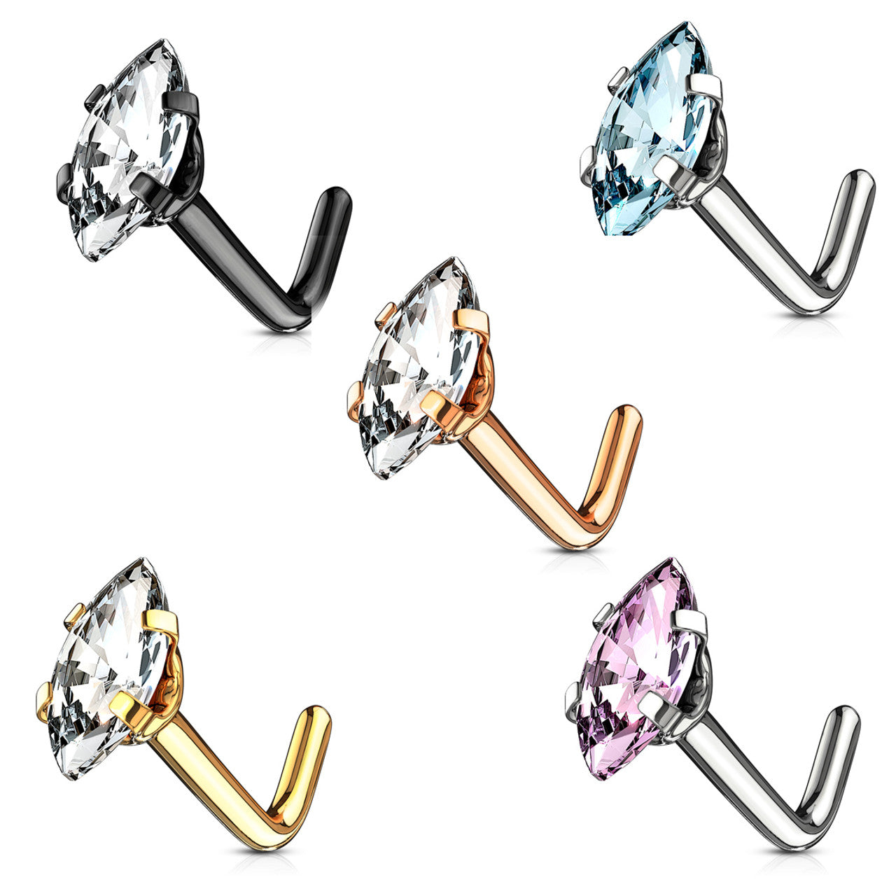 Surgical Steel Nose Ring Stud 20 & 18 Gauge 1/4" L Bend - Marquise Gem