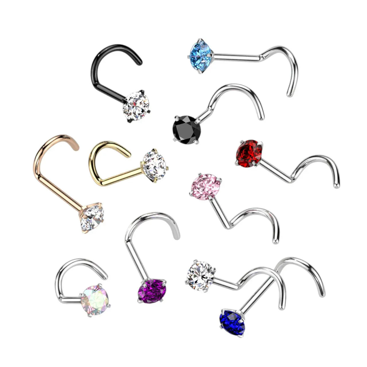 Titanium Nose Ring Screw Stud 20 & 18 Gauge 1/4" with Prong Round Gem