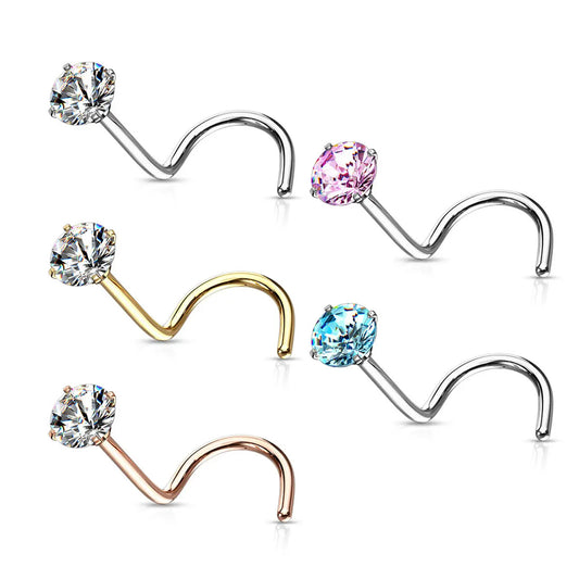 Surgical Steel Nose Ring Screw Stud 20 Gauge 1/4" with Prong Round Gem