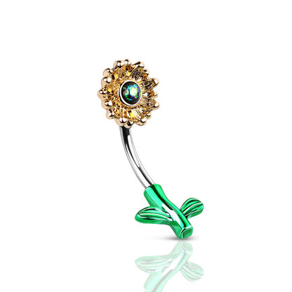 Surgical Steel Belly Button Ring 14 Gauge With Cute Sunflower Opal Gem