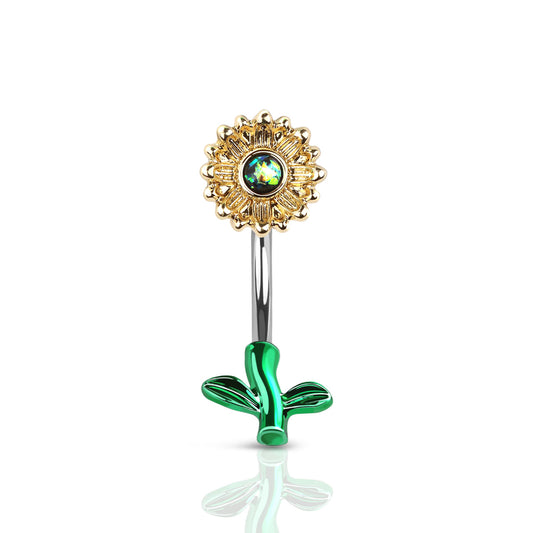 Surgical Steel Belly Button Ring 14 Gauge With Cute Sunflower Opal Gem