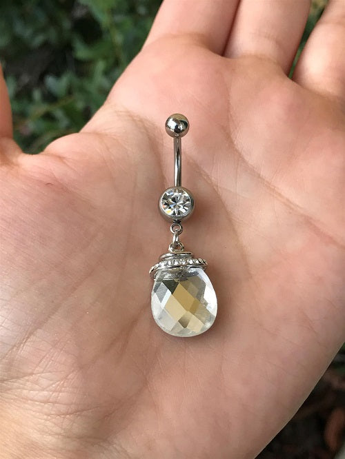 Surgical Steel 14 Gauge Belly Ring with Oval CZ Dangle - photo 2