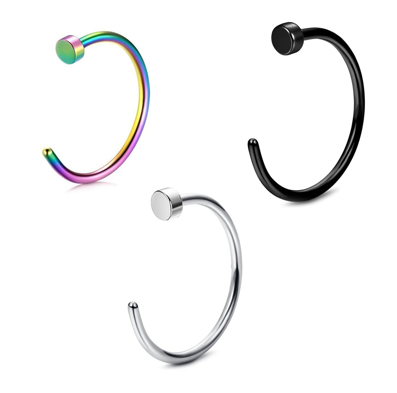 Surgical Steel Nose Hoop Ring 20 18 & 16 Gauge - 3 Colors - 3 Pack