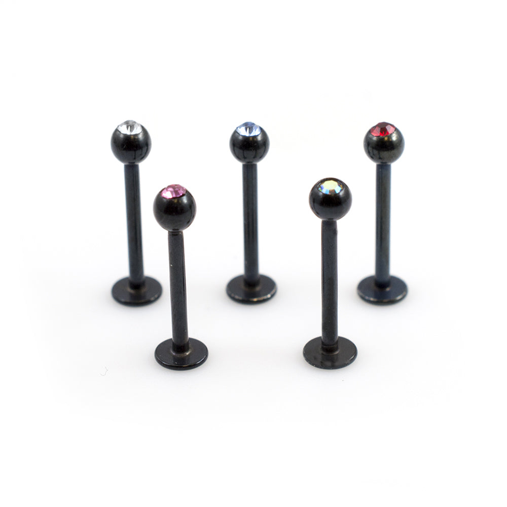 Surgical Steel Black Labret Studs Assorted CZ 16 Gauge 10mm - 5 Pack