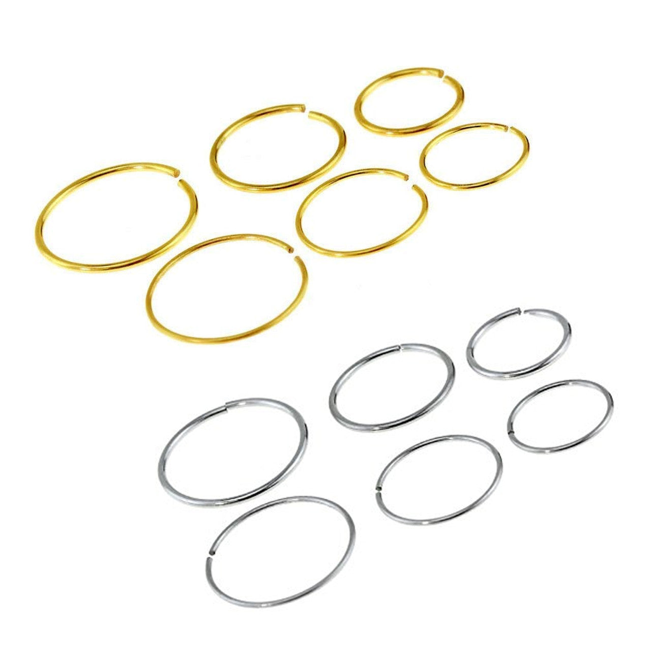 Surgical Steel Nose Hoop Ring 22 & 20 Gauge - Silver or Gold - 6 Pack
