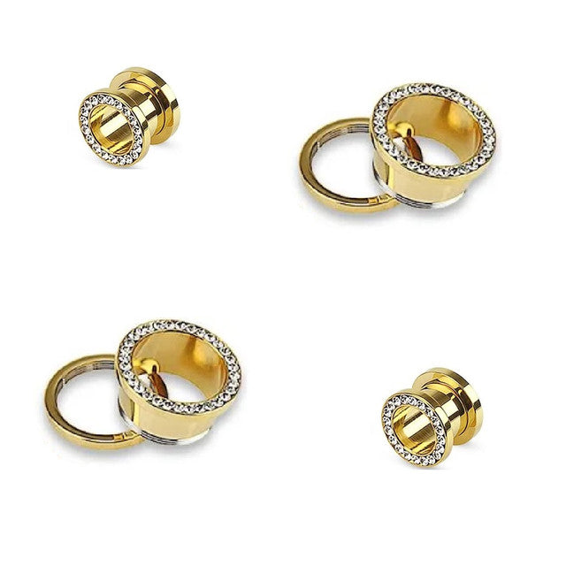 Double Flared Gold Screw Fit Plug Ear Tunnel & CZ 6 to 1" Gauge - Pair