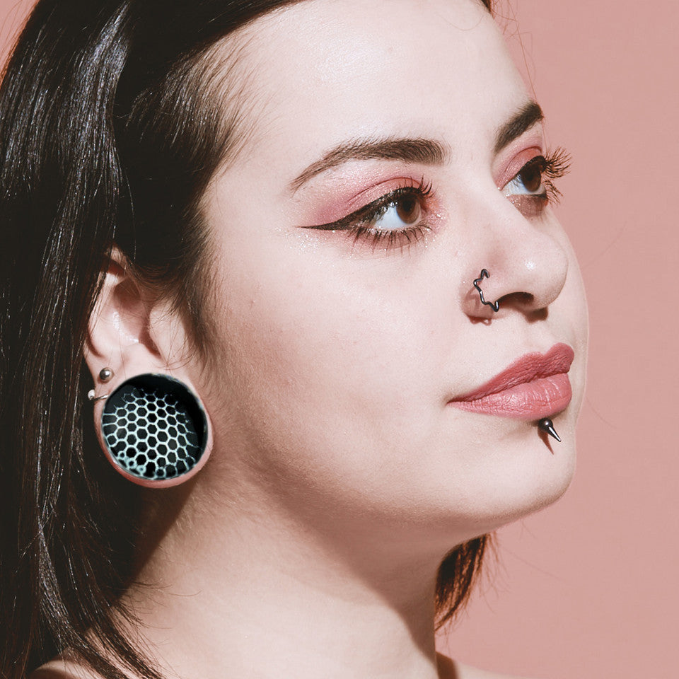 Double Flared Glass Plugs Ear 2 to 5/8" Gauge & Black Honeycomb - Pair