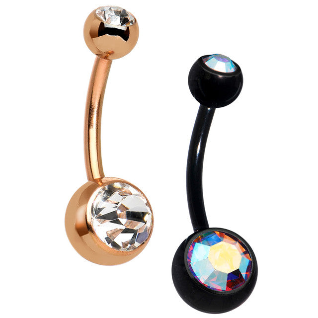 Titanium Anodized Belly Ring 14 Gauge Black & Rose Gold Gem - 2 Pack