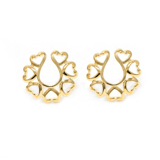 Non-Piercing Clip On Nipple Ring Adjustable With Vintage Hearts - Pair