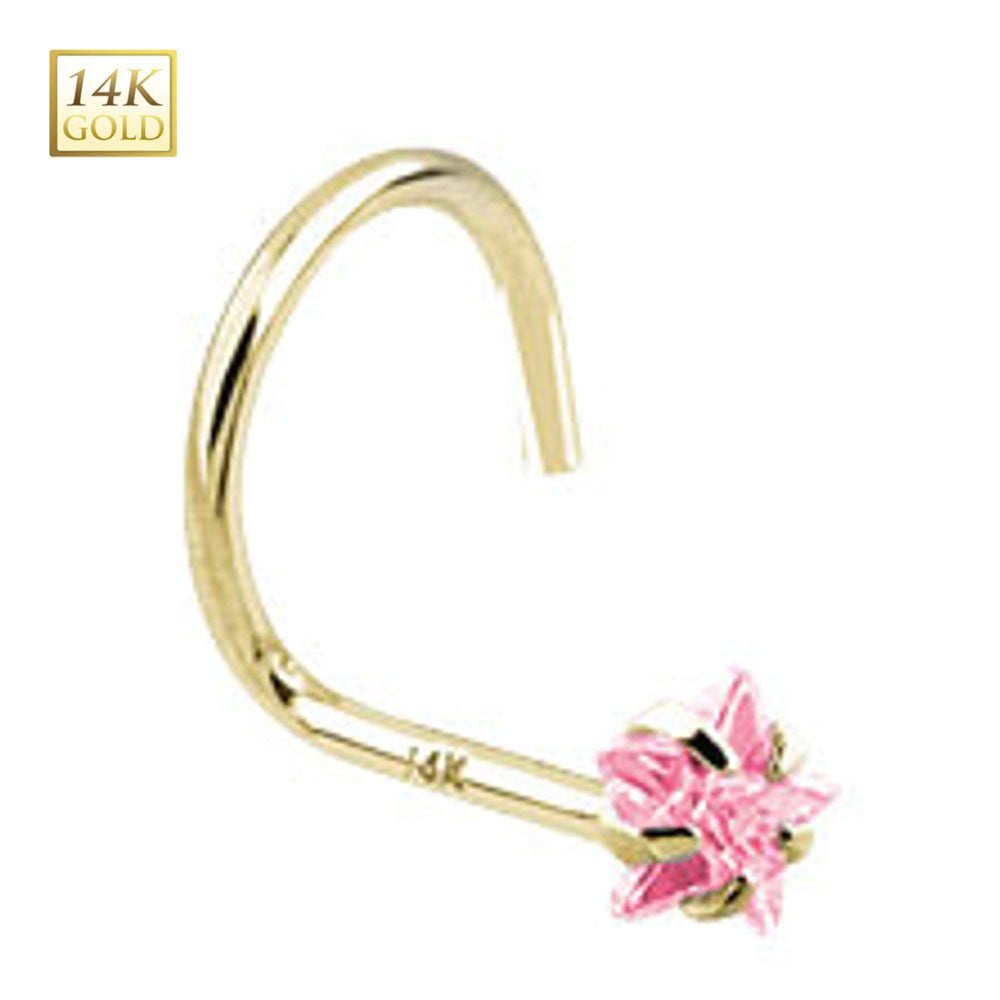 14K Solid Gold 18 to 20 Gauge Nose Screw with Pink CZ Star