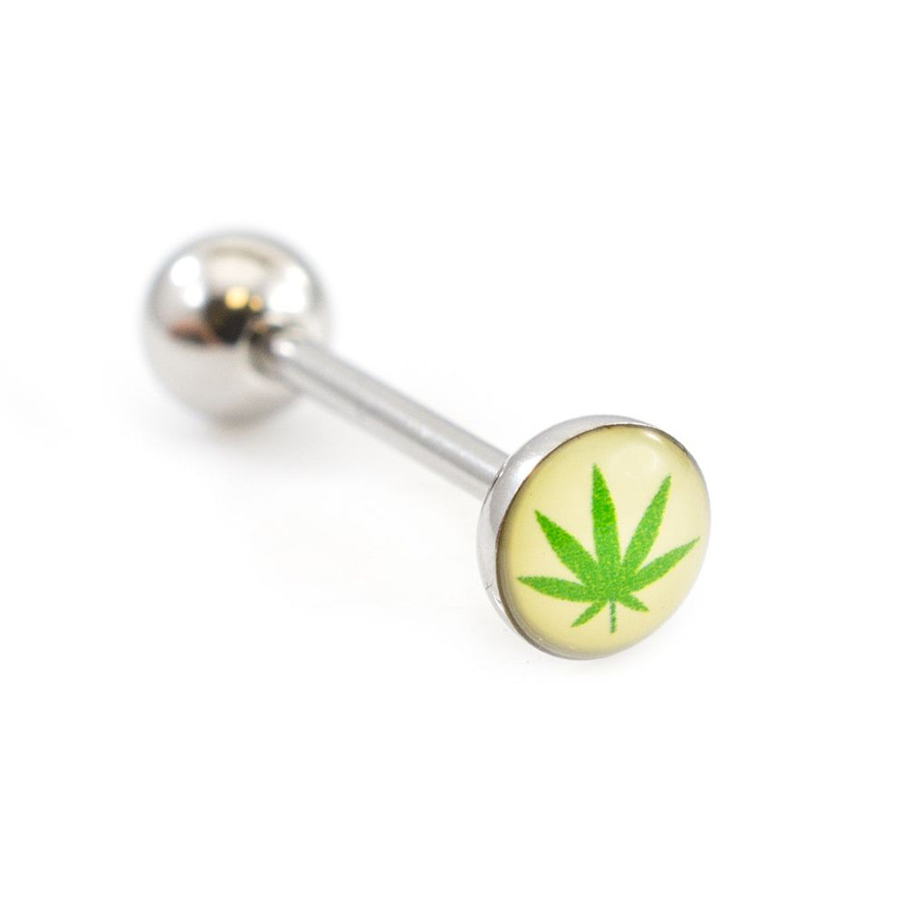Surgical Steel Tongue Ring Straight Barbell 14 Gauge & Marijuana Leaf