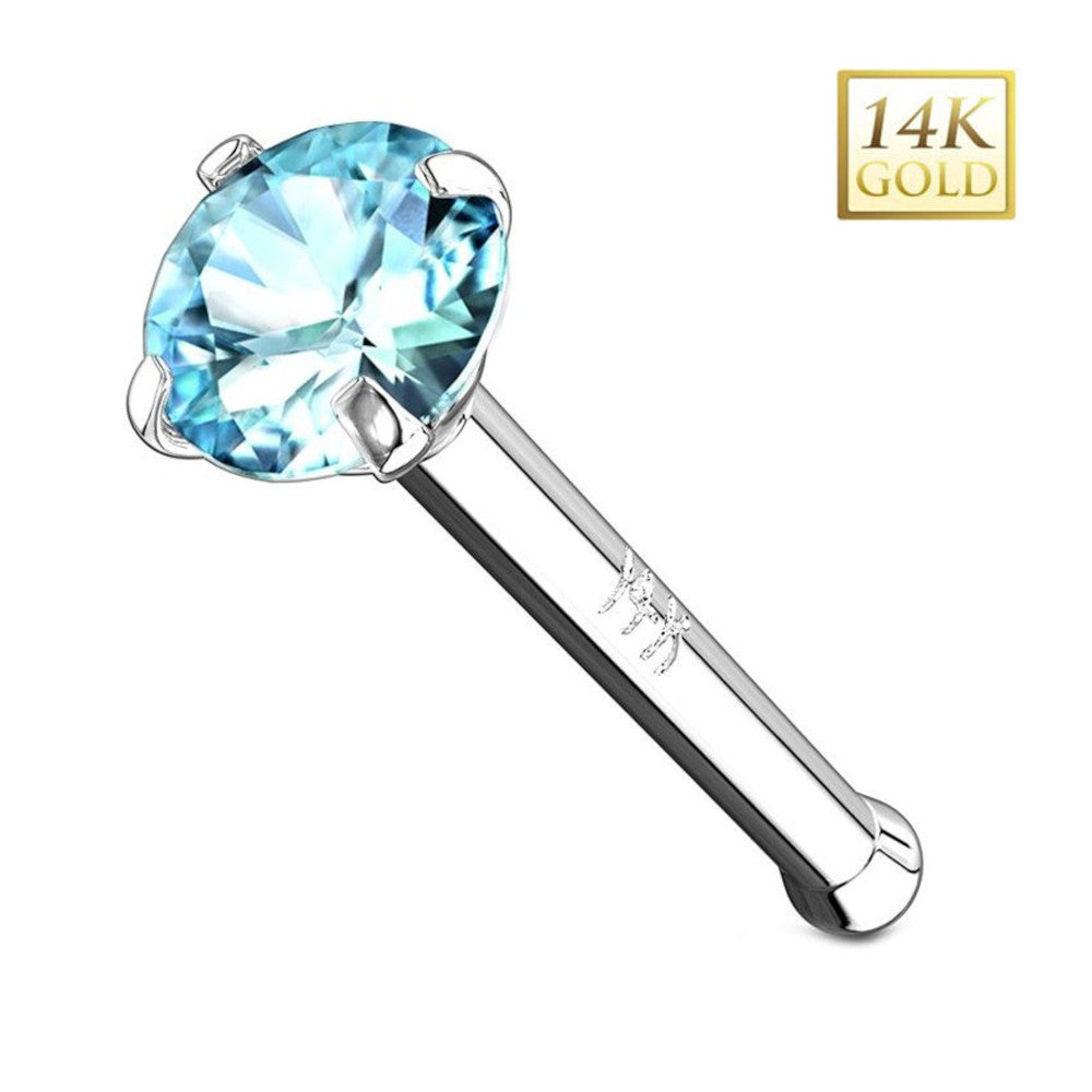 14K Solid White Gold 20 Gauge Nose Bone Stud with Blue CZ