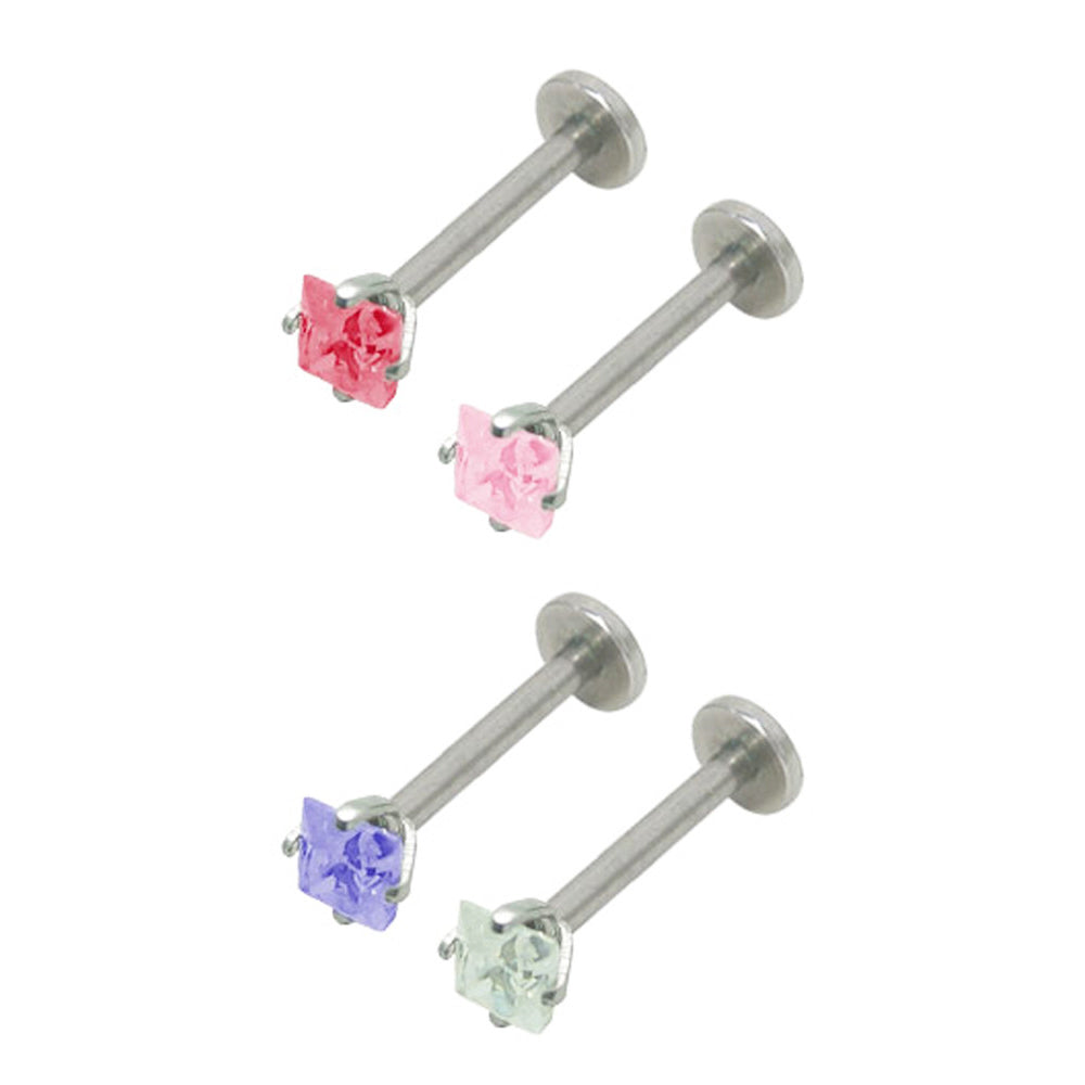 Surgical Steel 16 Gauge Labret Stud with Square Prong Set CZ