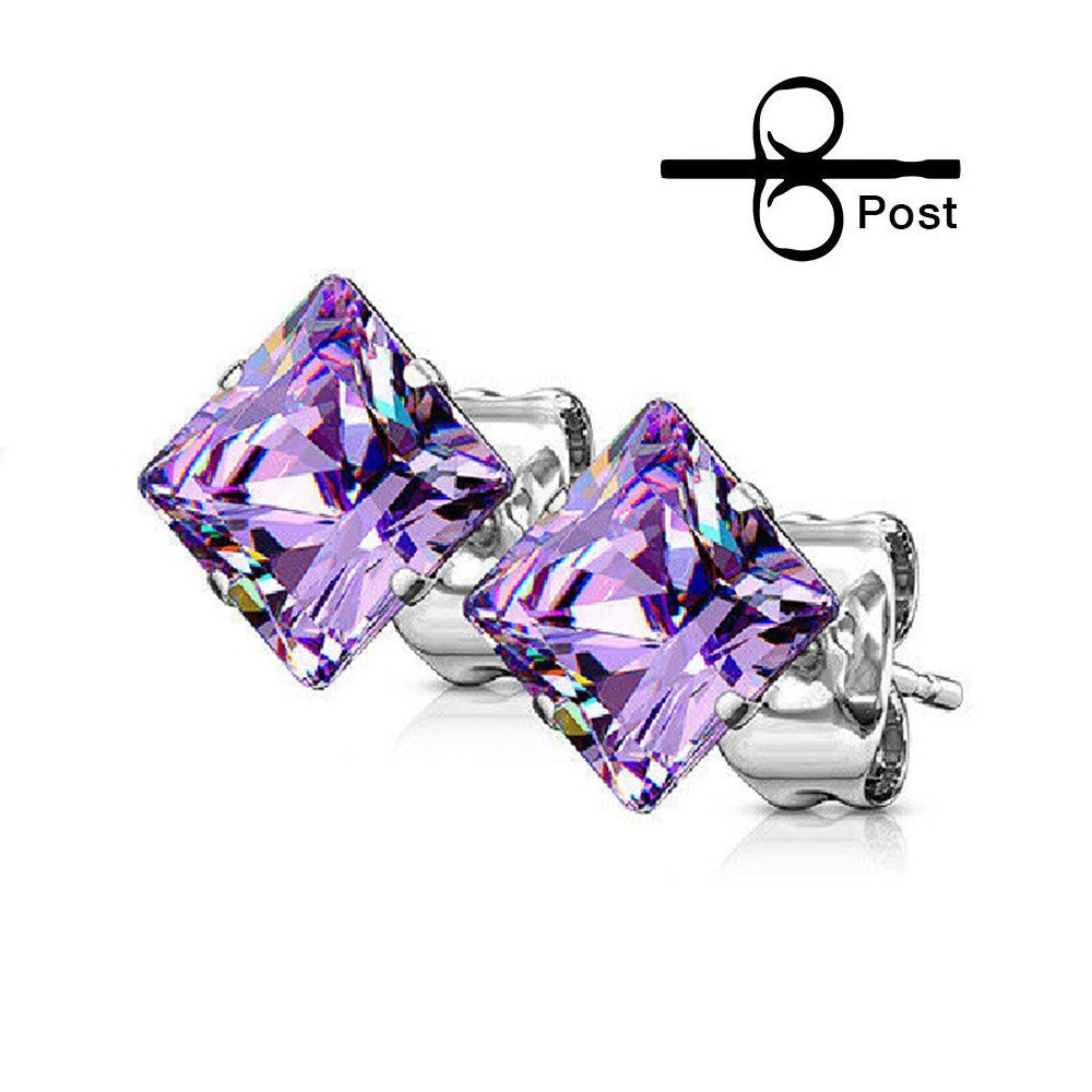 Surgical Steel 22 Gauge Prong Square CZ Stud Earrings - Pair - photo 7