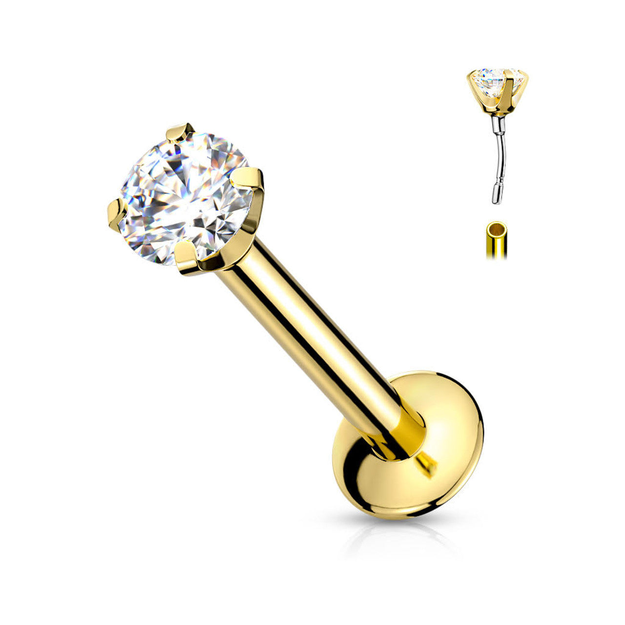 Surgical Steel Labret Stud 20 & 18 Gauge Threadless Flat Back CZ Gem
