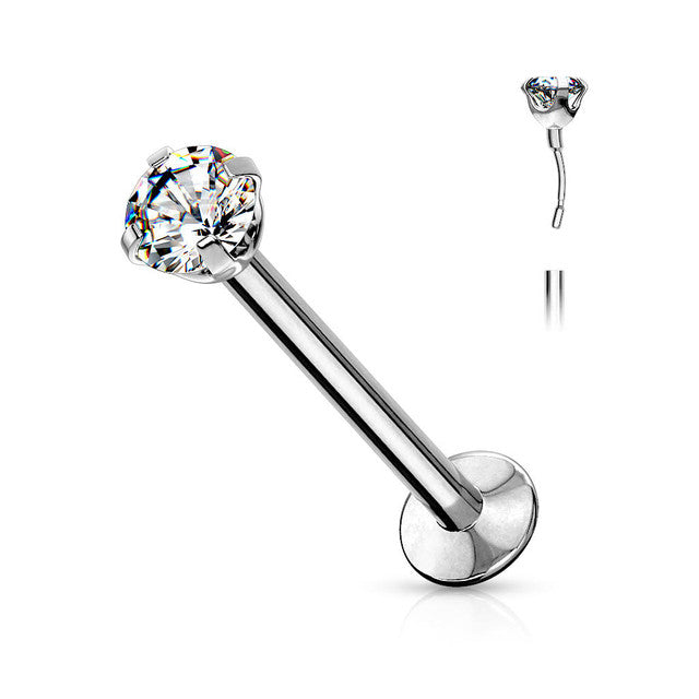 Surgical Steel Labret Stud 20 & 18 Gauge Threadless Flat Back CZ Gem