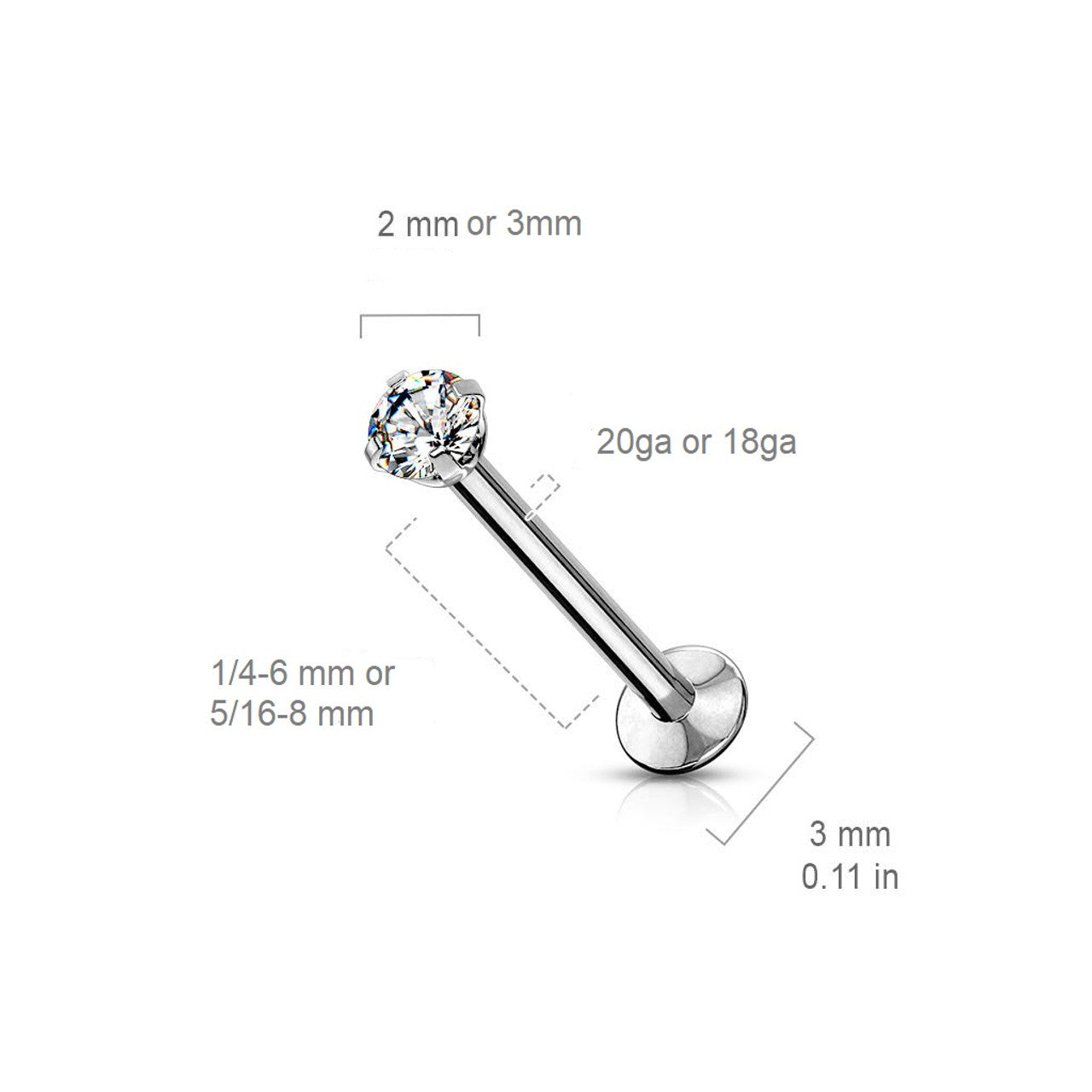 Surgical Steel Labret Stud 20 & 18 Gauge Threadless Flat Back CZ Gem