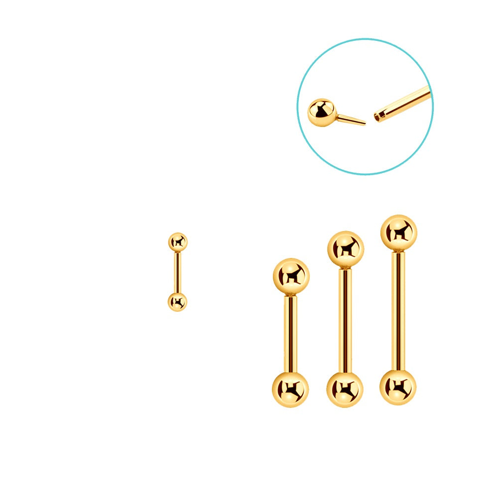 14K Solid Gold 16 Gauge Push In Straight Barbell with 3mm Balls - photo 3