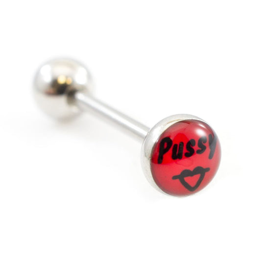Surgical Steel Tongue Ring Straight Barbell 14 Gauge With Pussy Logo