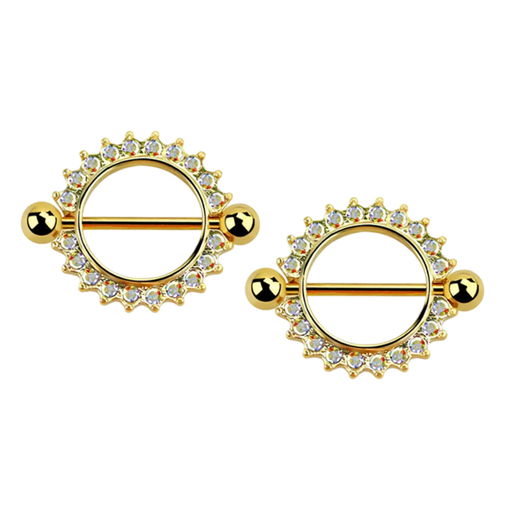 Surgical Steel Nipple Barbell 14 Gauge Gold Flower CZ - Pair