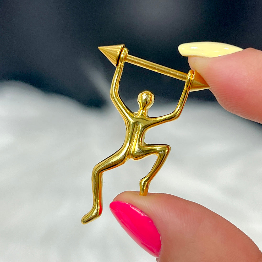 Surgical Steel 14 Gauge Nipple Barbell with Gold Climbing Figure - Pair