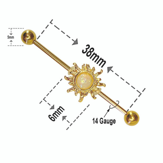 Surgical Steel 14 Gauge Industrial Barbell with PVD Gold Opal Sun - photo 4