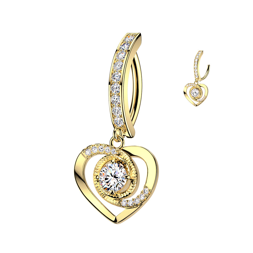 Surgical Steel 14 Gauge Hinged Belly Ring with Heart Paved CZ Dangle