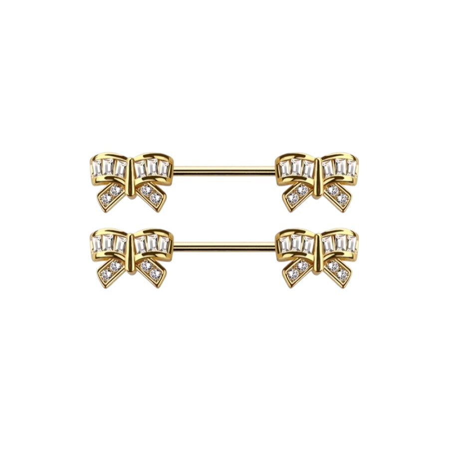 Surgical Steel 14 Gauge Nipple Barbell with CZ Ribbon - Pair