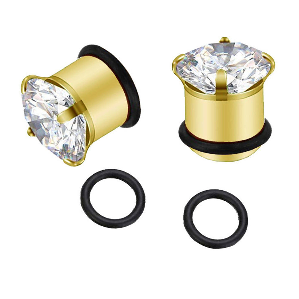 Surgical Steel 2 Gauge Single Flare Ear Plugs with PVD Gold CZ - Pair