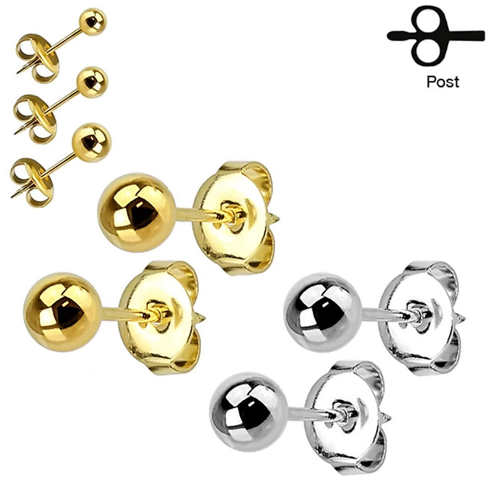Surgical Steel 20 Gauge PVD Hollow Ball Stud Earrings - Pair