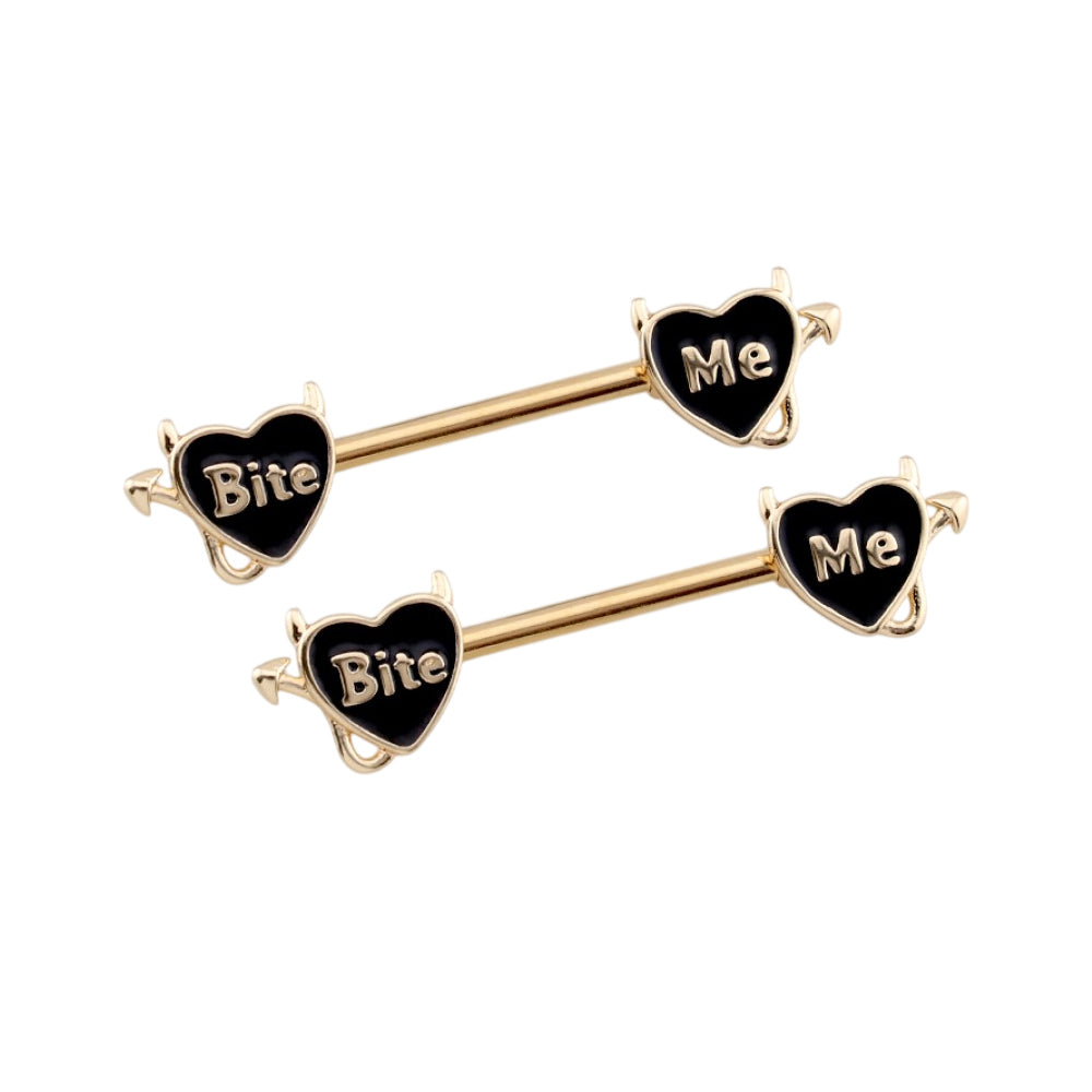 Surgical Steel 14 Gauge Nipple Barbell Heart with Bite Me Shape - Pair