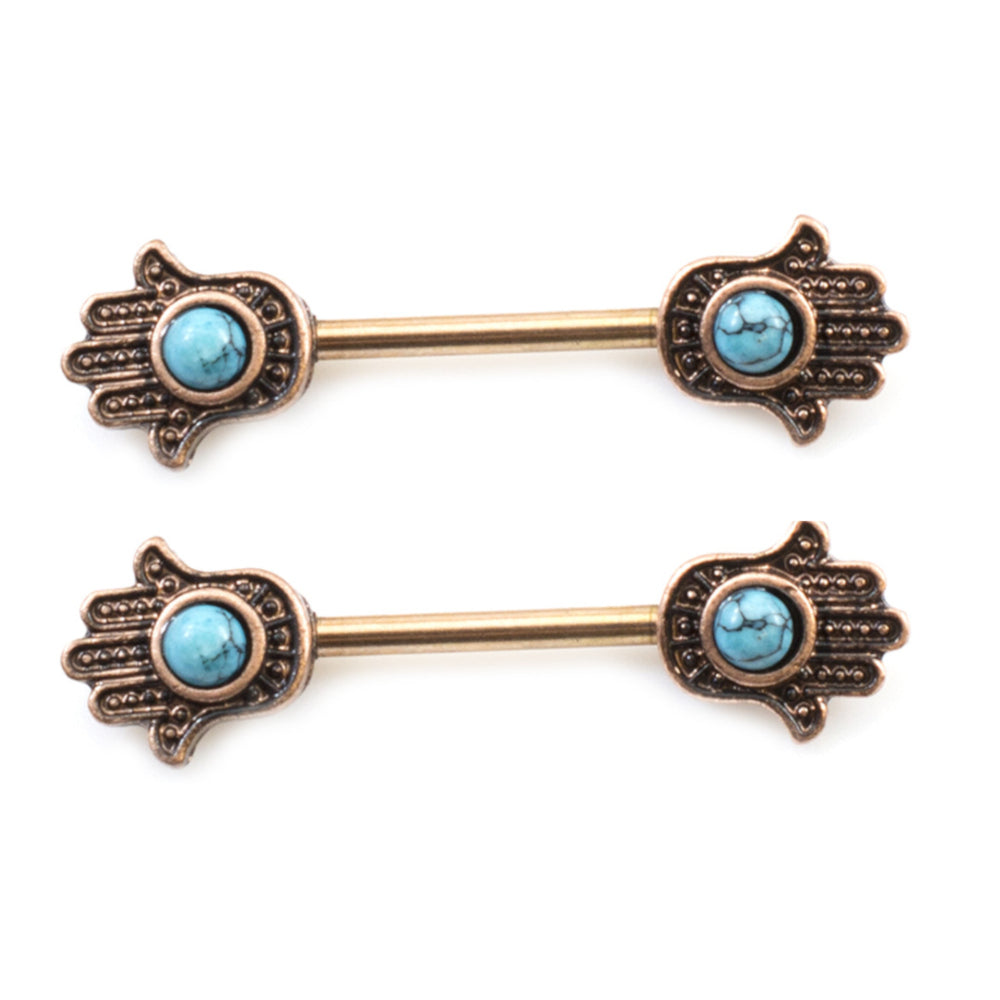 Surgical Steel Nipple Barbells with Turquoise Hamsa Hand - Pair - photo 7