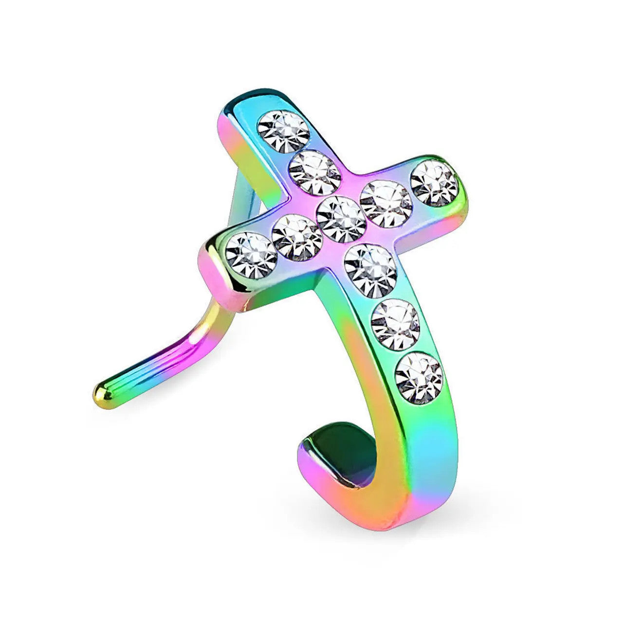 Surgical Steel Nose Ring Stud 20 Gauge 1/4" L Bend with Cross & Gem