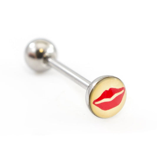 Surgical Steel Tongue Ring Straight Barbell 14 Gauge & Red Lips Logo