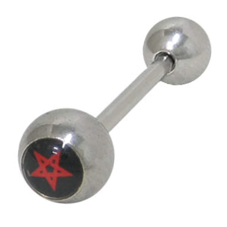 Surgical Steel 14 Gauge Tongue Barbell with Red Pentacle Logo